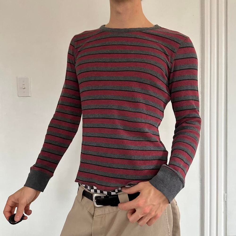 Vintage Y2K 00s Striped Waffle Thermal Skater Longsleeve Shirt Top